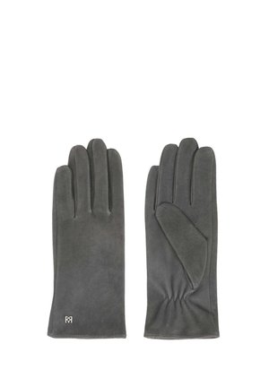 Graue Wildlederhandschuhe mit glatter Textur. Klassisches Fünf-Finger-Design mit einem bequemen, gerafften Handgelenk. Minimalistisches Logo-Detail am Bund.