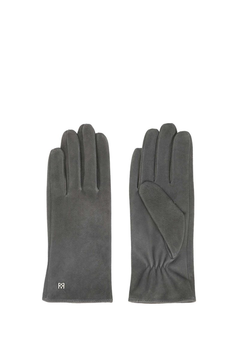 Pelēki zamšādas cimdi ar gludu tekstūru. Klasisks piecu pirkstu dizains, kas iezīmējas ar ērtu, sakārtotu plaukstas daļu. Minimālistisks logo akcentēts uz aproces.