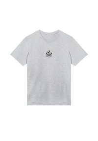 Gray short-sleeve t-shirt made of soft cotton, featuring a black graphic design on the chest with an anchor and text.