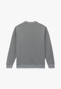 Sudadera gris de manga larga con cuello redondo, que presenta un tejido texturizado y un color sólido. Detalles sutiles de costura a lo largo de los hombros.