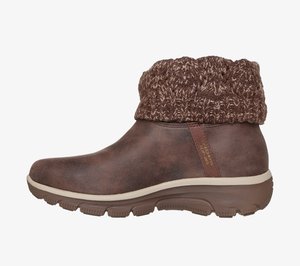 Brown ankle boots with a textured knitted cuff, synthetic upper, cushioned sole, and a flat design. Side logo detail visible.