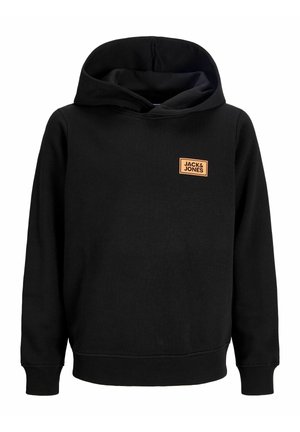 Čierna mikina s kapucňou a nášivkou na prednej strane na hrudi s nápisom "JACK & JONES,", dlhé rukávy, rebrované manžety a priestranná kapucňa.