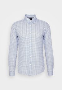 Chemise homme à manches longues boutonnée, motif à carreaux bleu et blanc, col pointu et boutons blancs sur le devant.