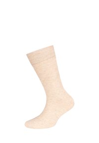 Beige Baumwollsocke mit geripptem Bündchen, glatter Textur und Standardlänge. Keine Muster oder Verzierungen. Geeignet für Freizeitbekleidung.