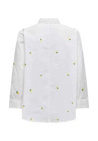 Hvid bomulds skjorte med lange ærmer, broderet med små gule citrondesigns og grønne blade, med en klassisk krave og rygbælte.