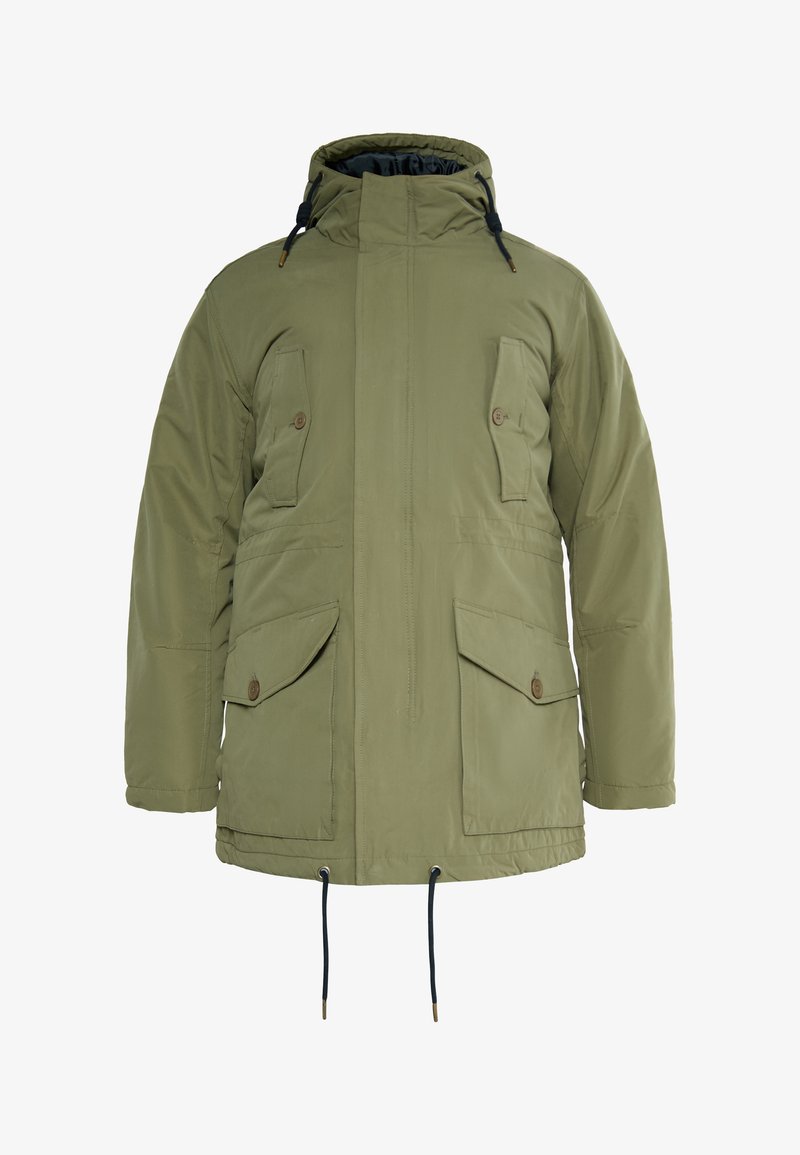 Olivinės spalvos pūkinė striukė su užtrauktuku priekyje, aukšta apykakle, reguliuojamomis raištelėmis ir keliomis priekinėmis kišenėmis. Lygus, vandeniui atsparus audinys.