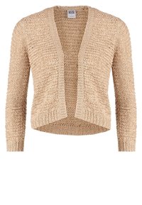Beige stickad cardigan med öppen front, texturerad yta och långa ärmar. Har en avslappnad passform och ribbade kanter för extra detalj.