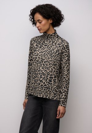 Leopardenprint Rollkragensweater in Beige und Schwarz, aus weichem Stoff gefertigt. Verfügt über lange Ärmel und ein lässiges Design.