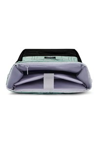 Rectangular bag with a black top and patterned mint green bottom. Interior features light gray lining with a zippered pocket and dividers.