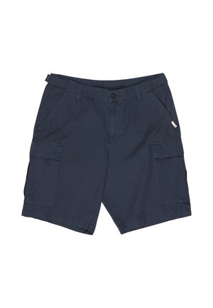 Marineblaue Cargo-Shorts mit Gürtelschlaufen, Vorderknopf, Reißverschluss, zwei Seitentaschen und zwei großen Klappentaschen an den Oberschenkeln.