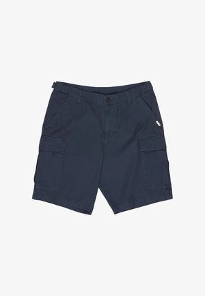 Navy blue cargo shorts with belt loops, front button, zipper fly, two side pockets, and two large flap pockets on thighs.
