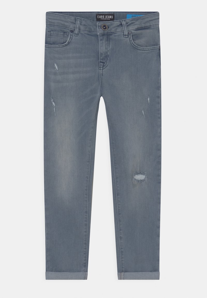 Blauwe denim jeans met lichte slijtage, opgerolde cuffs en vervaagde plekken. Beschikt over een klassiek vijf-pocket ontwerp en een sluiting met een knoop aan de voorkant.