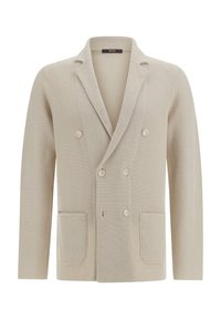 Beige dvouřadý cardigan s pletenou strukturou, s klopovými límci a dvěma předními kapsami. Disponuje světlými knoflíky a volným střihem.