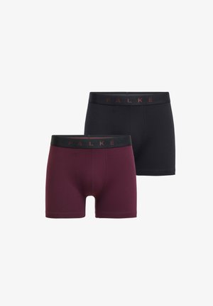 Two pairs of boxer shorts: one black and one dark burgundy. Made from soft, stretchy material with a branded elastic waistband.