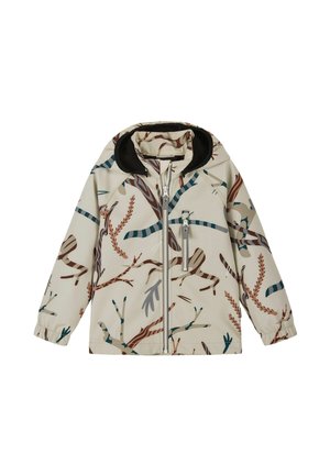 Kinder-Reißverschlussjacke mit Kapuze, elastischen Bündchen und abstraktem Astmuster in Beige-, Braun-, Petroleum- und Grautönen.
