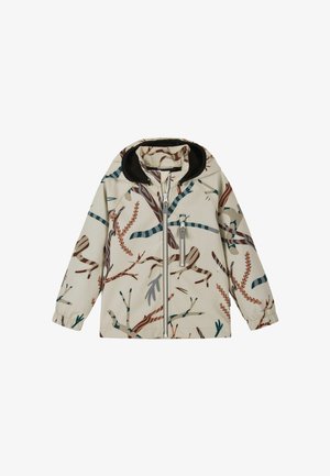 Kinder-Reißverschlussjacke mit Kapuze, elastischen Bündchen und abstraktem Astmuster in Beige-, Braun-, Petroleum- und Grautönen.