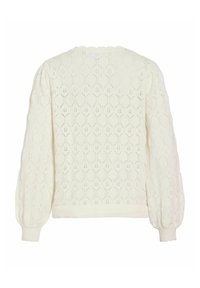 Pull en tricot blanc avec manches longues bouffantes et motif ajouré en forme de losange, poignets côtelés et encolure festonnée.