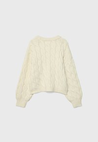 Roomkleurige kabelgebreide trui met een ronde halslijn, doorlopende schouders en een cropped zoom, met geribbelde boorden en een gestructureerd breipatroon.