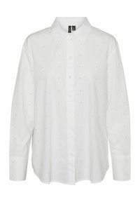 Camisa blanca de botones hecha de algodón con mangas largas, que presenta pequeños clavos plateados distribuidos uniformemente por toda la tela. Diseño de cuello clásico.