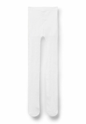 Weiße Kinderstrumpfhose aus transparentem Stoff mit einem Bund und langen Beinen, flach auf einem weißen Hintergrund liegend.