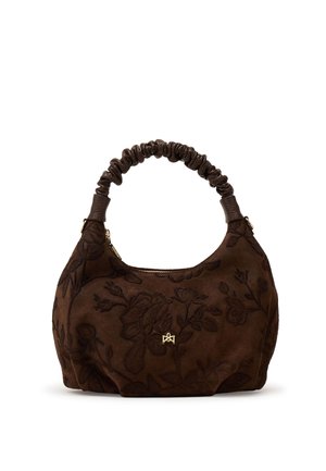 Sac à main en daim marron foncé avec broderie florale, poignée supérieure froncée, fermeture éclair dorée et petit logo papillon doré au centre avant.