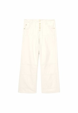 Light-colored, wide-leg pants made of cotton with a five-button front, two front pockets, and textured panels on the lower legs.