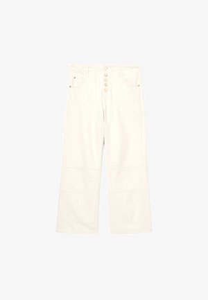 Light-colored, wide-leg pants made of cotton with a five-button front, two front pockets, and textured panels on the lower legs.
