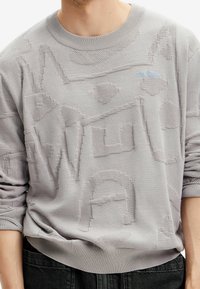 Jasnoszara dzianinowa bluza z teksturowanymi geometrycznymi wzorami i okrągłym dekoltem. Posiada ściągacze na mankietach i u dołu. Niebieskie logo.