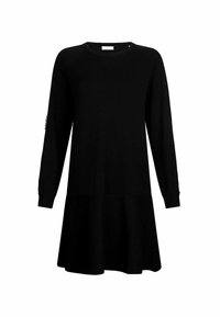 Vestito a maglione nero con maniche lunghe, polsini a costine e gonna svasata. Realizzato in materiale morbido, presenta un colletto tondo. Design semplice.
