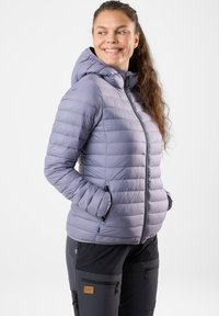 Light lavender insulated jacket with a hood, featuring a zip front, elastic cuffs, and side pockets. Smooth, quilted texture.