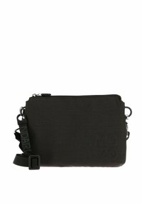 Sac bandoulière noir en nylon avec surface texturée, fermeture éclair à l'avant, sangle ajustable et accents de quincaillerie argentée. Forme rectangulaire.