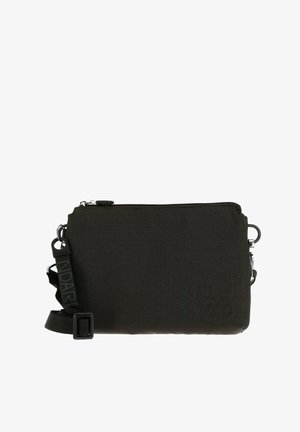 Sac bandoulière noir en nylon avec surface texturée, fermeture éclair à l'avant, sangle ajustable et accents de quincaillerie argentée. Forme rectangulaire.