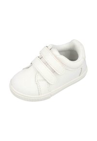 Zapatilla blanca con parte superior de lona y sintético, que cuenta con dos correas de Velcro, una suela de goma y una puntera texturizada.