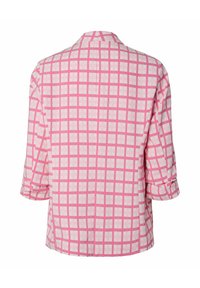 Camicia a bottoni con motivo a quadretti rosa e bianchi, con colletto e maniche arrotolate. Realizzata in tessuto leggero, con una texture liscia.