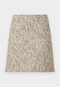 Mini-jupe en tissu tissé beige et gris avec une forme évasée en A et un motif irrégulier subtil.