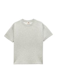 Szary T-shirt z krótkim rękawem i okrągłym dekoltem, wykonany z miękkiego materiału, z delikatną heather teksturą i małą metką wewnątrz dekoltu.