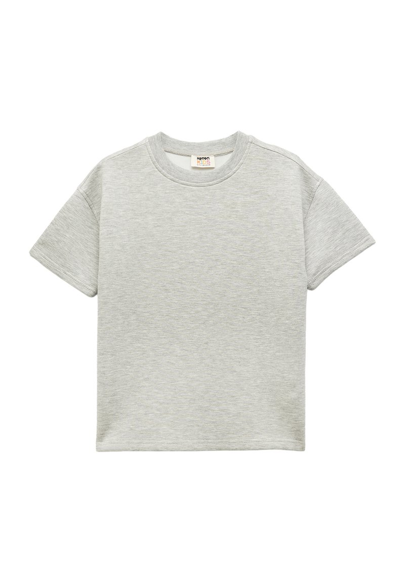Szary T-shirt z krótkim rękawem i okrągłym dekoltem, wykonany z miękkiego materiału, z delikatną heather teksturą i małą metką wewnątrz dekoltu.