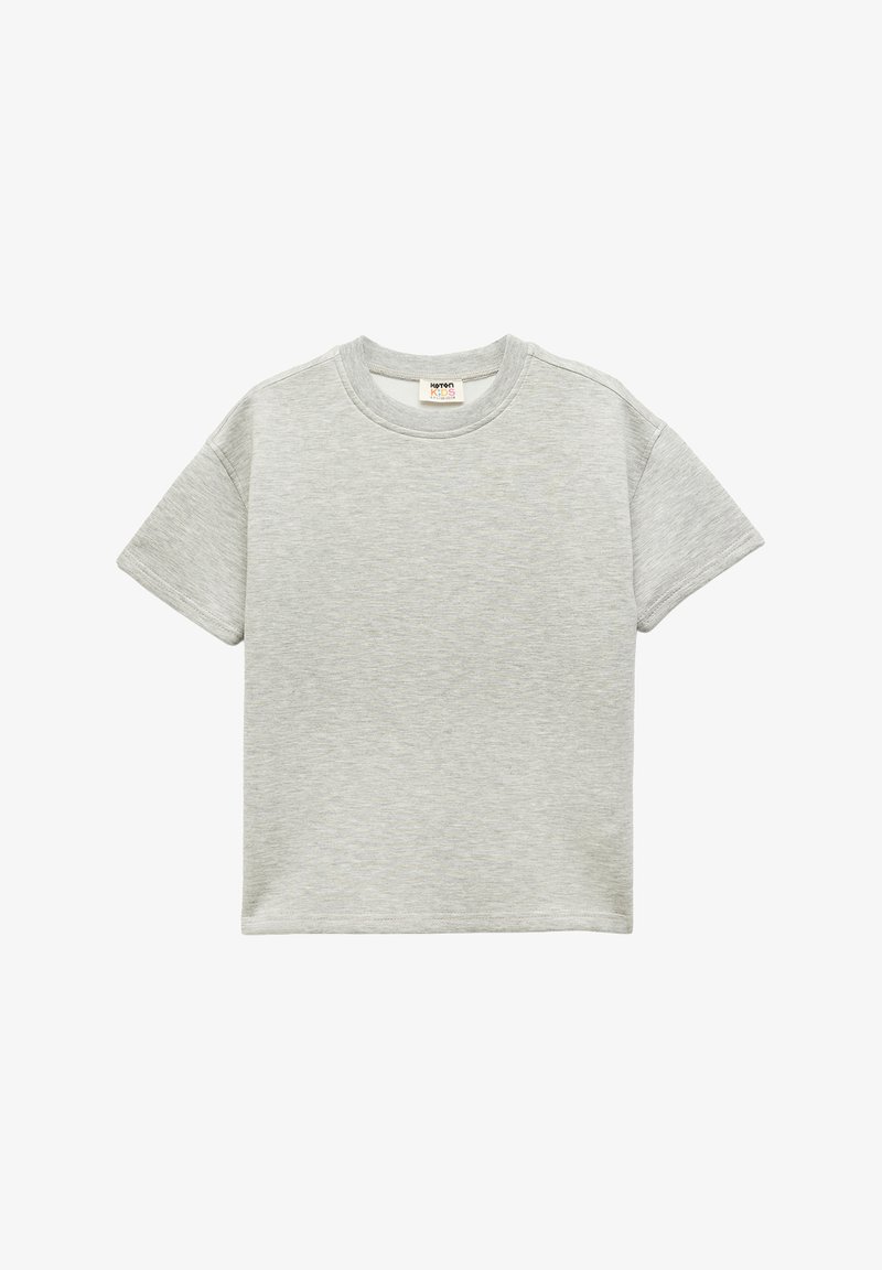 Gray short-sleeve t-shirt with a crew neck, made of soft fabric, featuring a subtle heather texture and a small label inside the neckline.