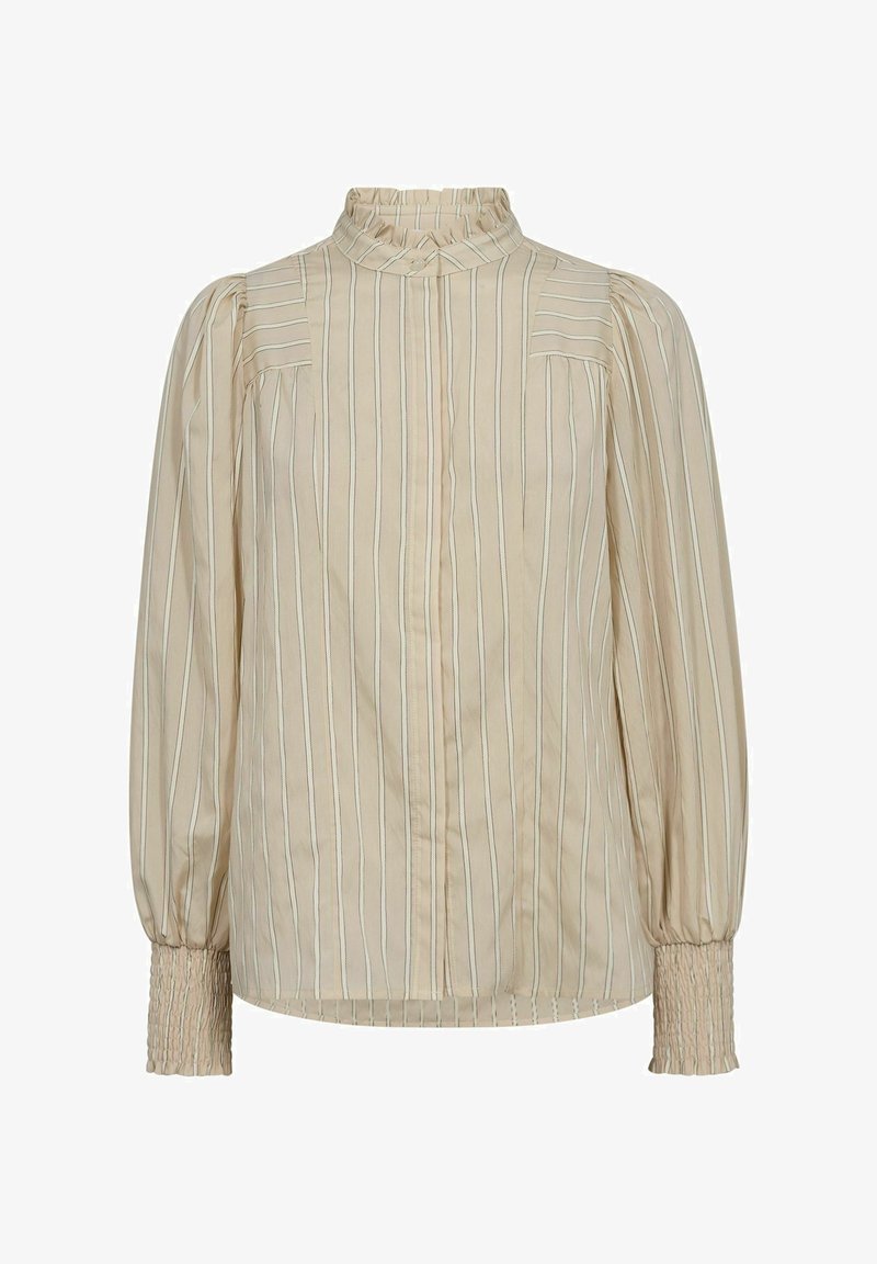 Light beige long-sleeve blouse featuring vertical stripes, a ruffled high neckline, and elasticized cuffs with gathered detail.