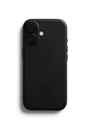 Black leather phone case with dual camera cutout and flash, slim fit covering the back and sides of a smartphone.