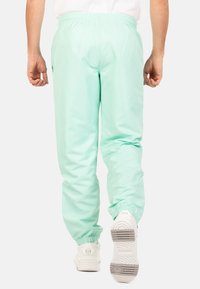 Licht muntgroene, elastische broek met een ontspannen pasvorm en elastische boorden, voorzien van een zijzak en een gladde, glanzende textuur.