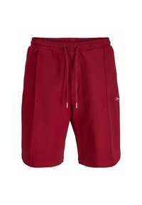 Shorts en mélange de coton rouge avec une taille élastique, cordon de serrage réglable et poches latérales. Présente un petit logo près de l'ourlet.