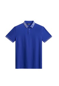 Blue polo shirt with a structured collar featuring white trim and logo. Short sleeves with matching stripes at the hem, smooth fabric texture.