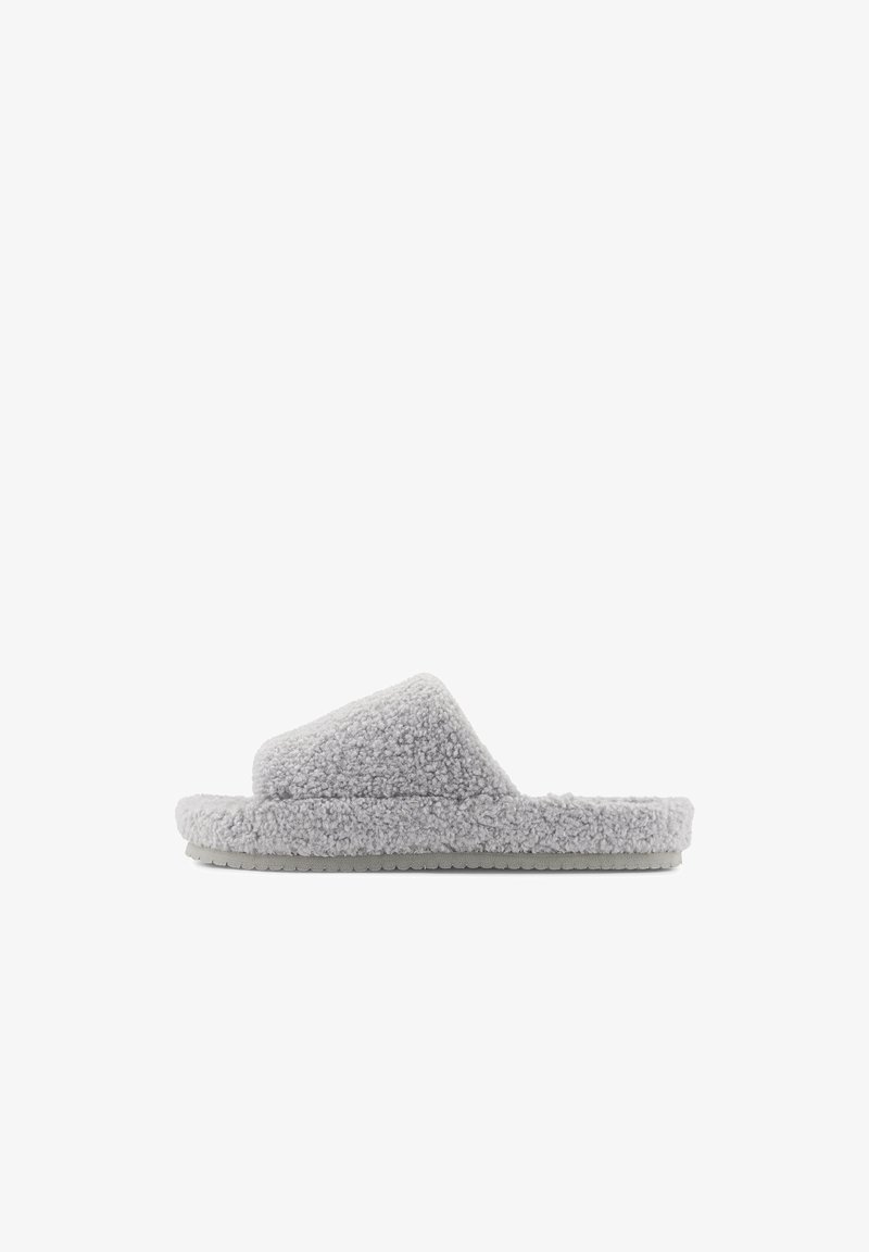 Gray slippers with a soft, textured fuzzy upper, open-toe design, and a cushioned sole. Features a flat, flexible rubber outsole.