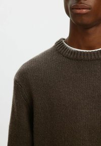 Maglione lavorato a maglia marrone scuro con scollatura a girocollo a coste e superficie testurizzata, caratterizzato da un taglio rilassato e dettagli sottili.