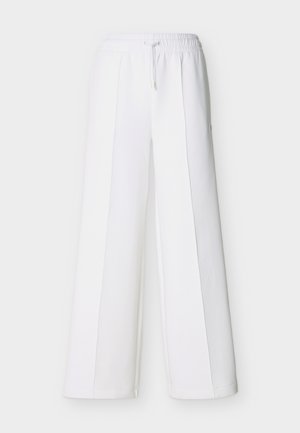 Pantalon blanc à jambes larges avec une ceinture élastique et un cordon de serrage. Confectionné en tissu doux avec des coutures verticales pour un look ajusté.