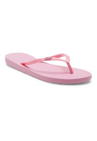 Lyserød flip-flop med mat overflade, der har en flad sål og tynde, strukturerede stropper. Enkel design uden ekstra mønstre eller detaljer.