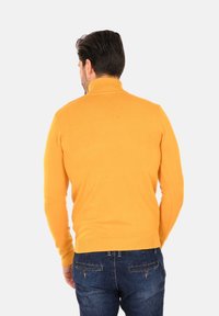 Maglione giallo a collo alto realizzato in morbido tessuto a maglia, con un design aderente. Indossato con jeans blu scuro, visibile da dietro.