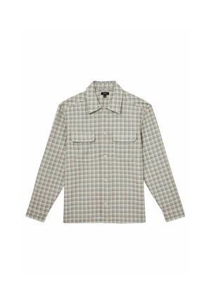 Cămașă cu model tartan, de culoare gri deschis, având două buzunare pe piept, guler și mâneci lungi cu un croi lejer. Textură moale și model țesut.