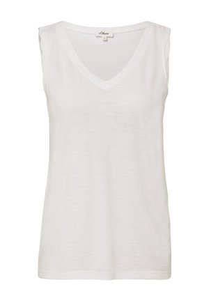 Weißes ärmelloses V-Neck-Top aus leichtem Stoff. Hat eine lockere Passform mit subtiler Textur und sauberem Stich entlang des Saums und des Halsausschnitts.